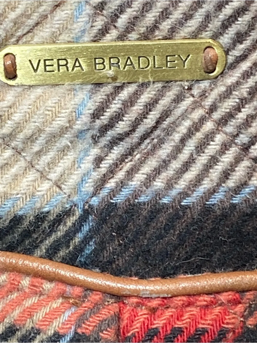 Vera Bradley Red, Black, Cream Plaid Shoulder Bag with Brown Handles